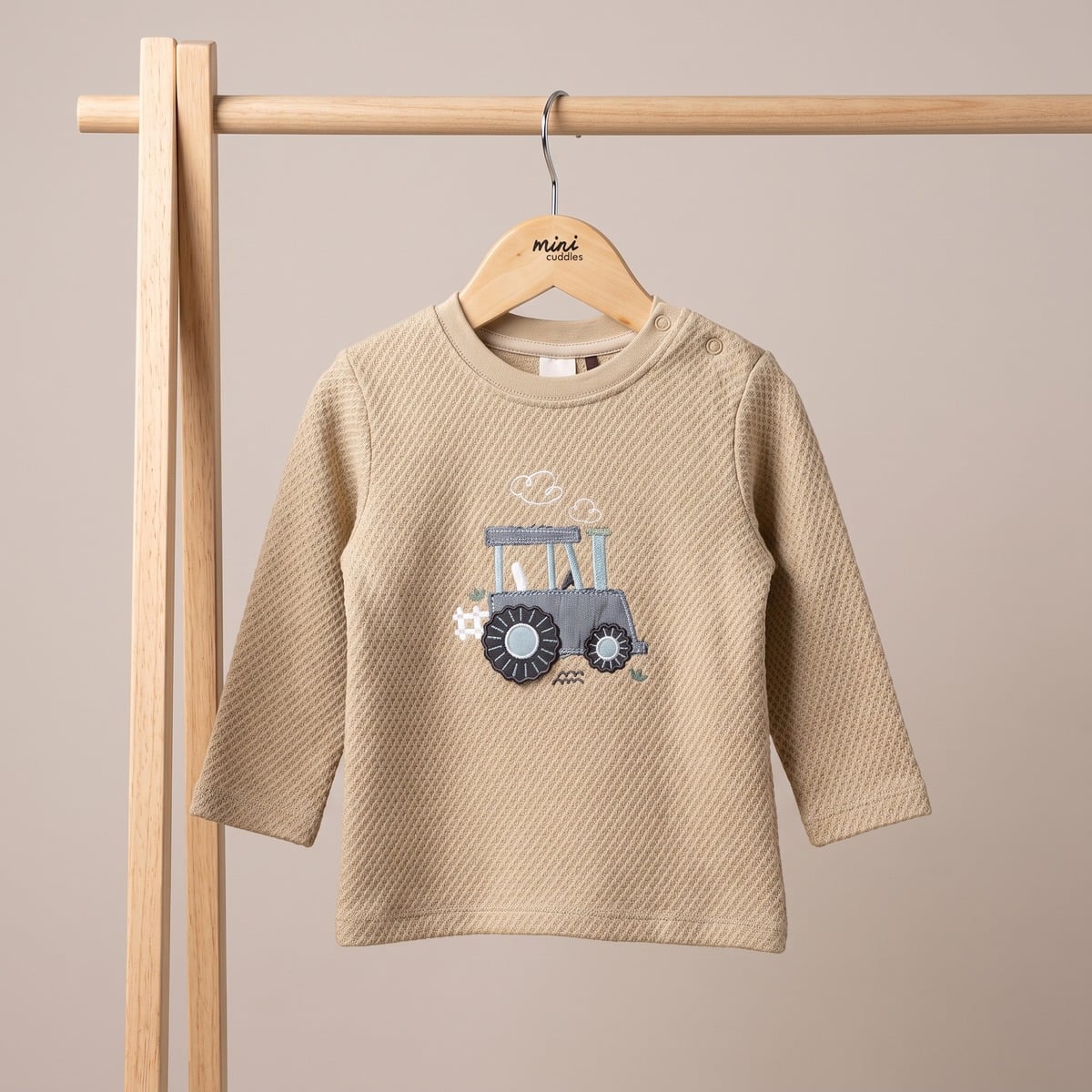 Baby Boys Beige Cotton Textured Tractor Applique T-Shirt  Regular Fit Full Sleeve Casual Wear