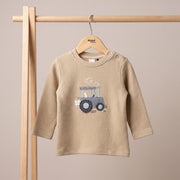 Baby Boys Beige Cotton Textured Tractor Applique T-Shirt  Regular Fit Full Sleeve Casual Wear