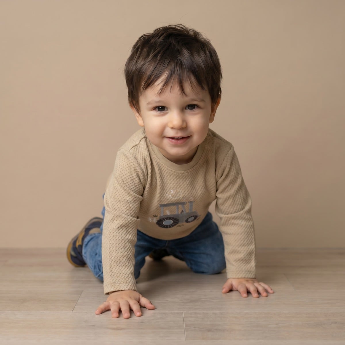 Baby Boys Beige Cotton Textured Tractor Applique T-Shirt  Regular Fit Full Sleeve Casual Wear