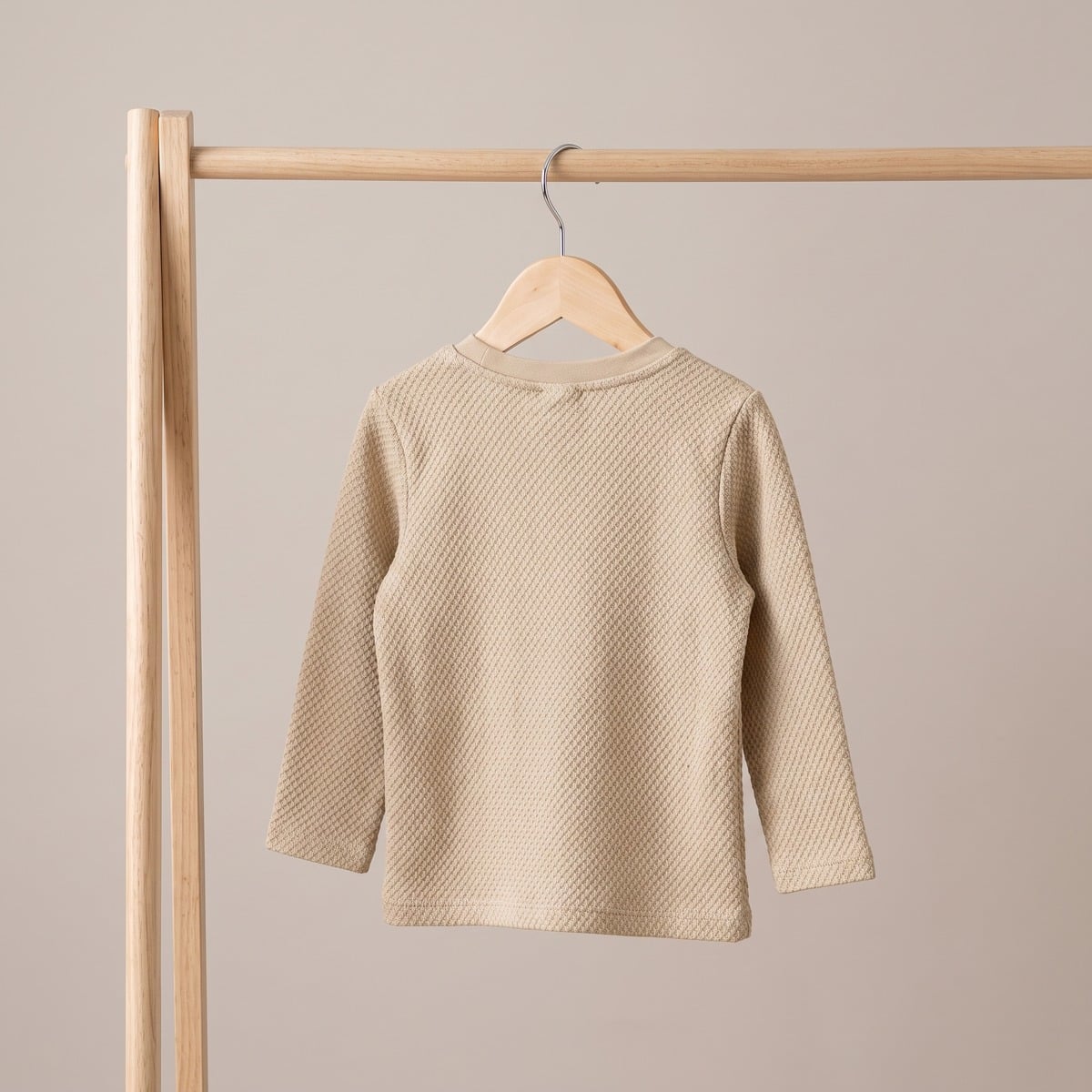 Baby Boys Beige Cotton Textured Tractor Applique T-Shirt  Regular Fit Full Sleeve Casual Wear