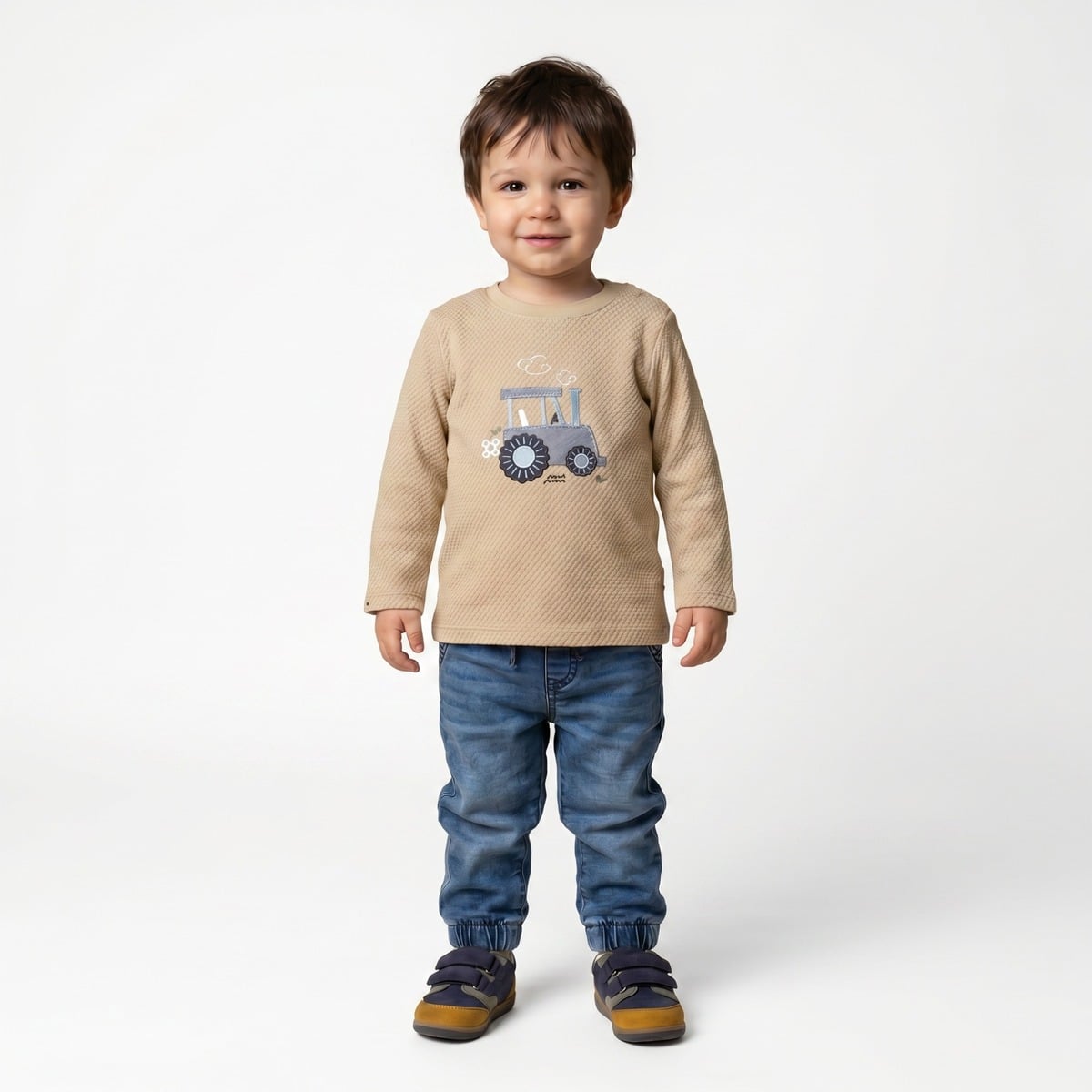 Baby Boys Beige Cotton Textured Tractor Applique T-Shirt  Regular Fit Full Sleeve Casual Wear