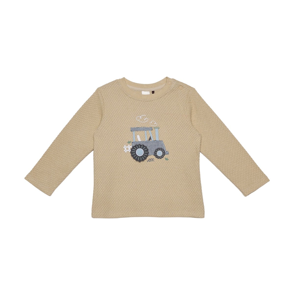 Baby Boys Beige Cotton Textured Tractor Applique T-Shirt  Regular Fit Full Sleeve Casual Wear