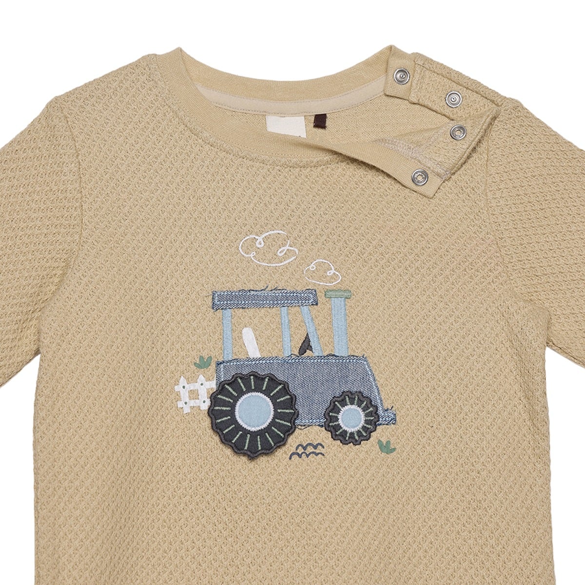 Baby Boys Beige Cotton Textured Tractor Applique T-Shirt  Regular Fit Full Sleeve Casual Wear