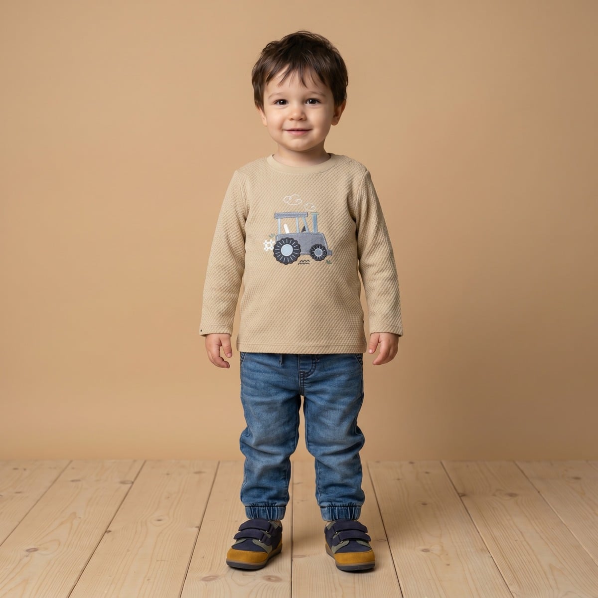 Baby Boys Beige Cotton Textured Tractor Applique T-Shirt  Regular Fit Full Sleeve Casual Wear