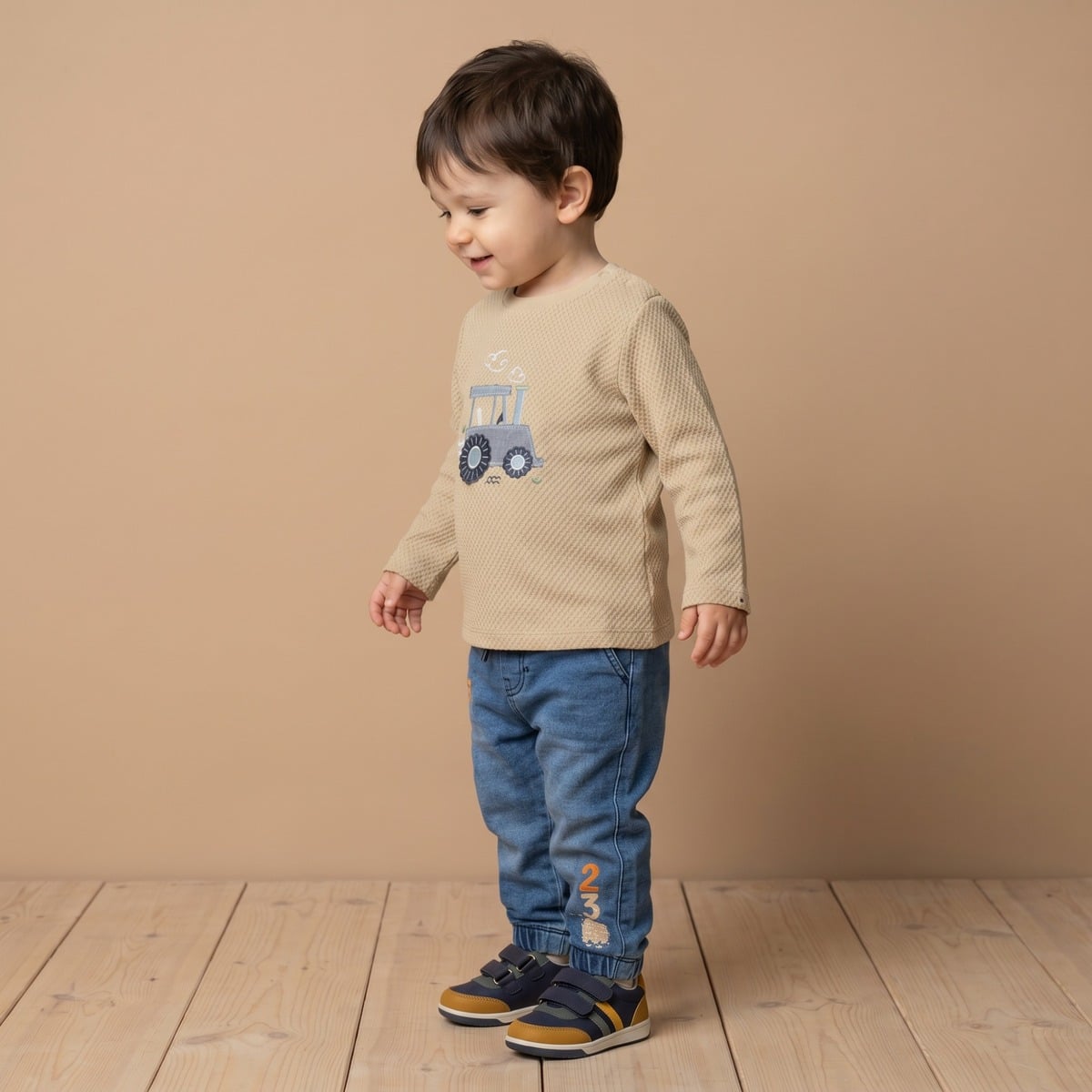 Baby Boys Beige Cotton Textured Tractor Applique T-Shirt  Regular Fit Full Sleeve Casual Wear