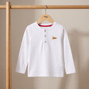 Baby Boys White Cotton Sports Bear Printed Henley T-Shirt  Regular Fit Full Sleeve Casual Wear