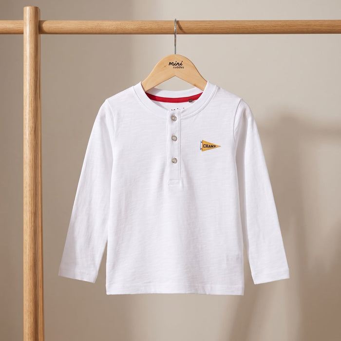 Baby Boys White Cotton Sports Bear Printed Henley T-Shirt  Regular Fit Full Sleeve Casual Wear