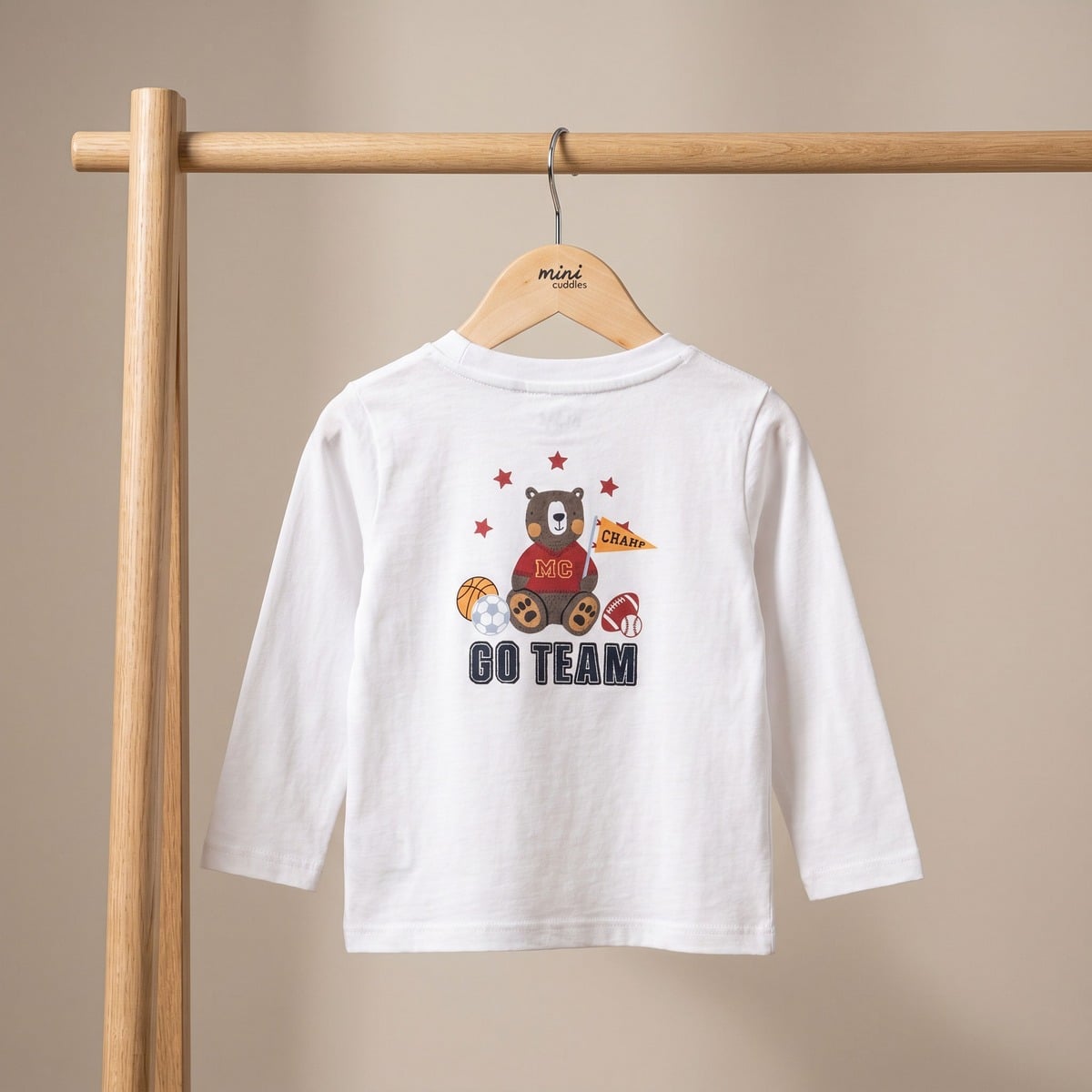 Baby Boys White Cotton Sports Bear Printed Henley T-Shirt  Regular Fit Full Sleeve Casual Wear