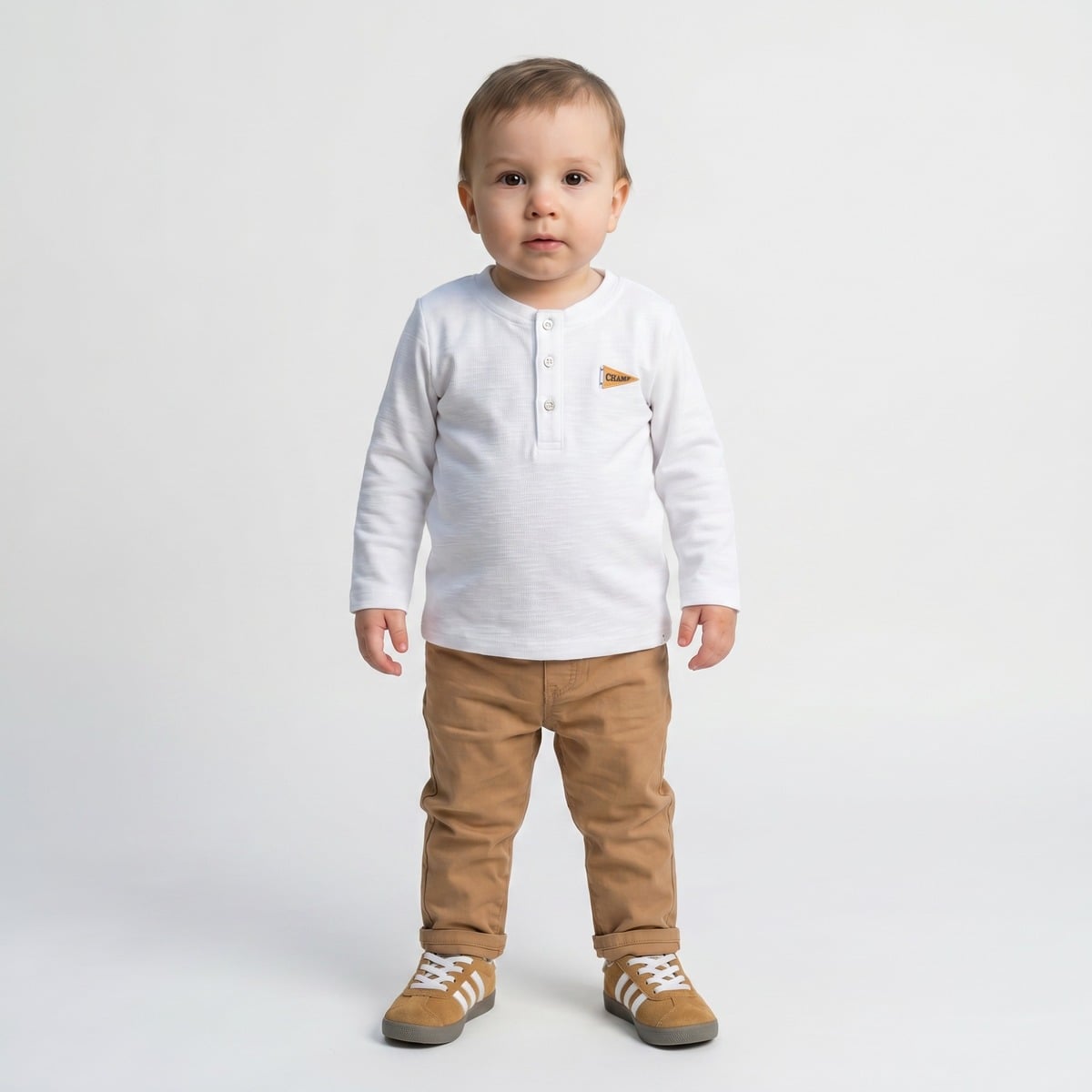 Baby Boys White Cotton Sports Bear Printed Henley T-Shirt  Regular Fit Full Sleeve Casual Wear