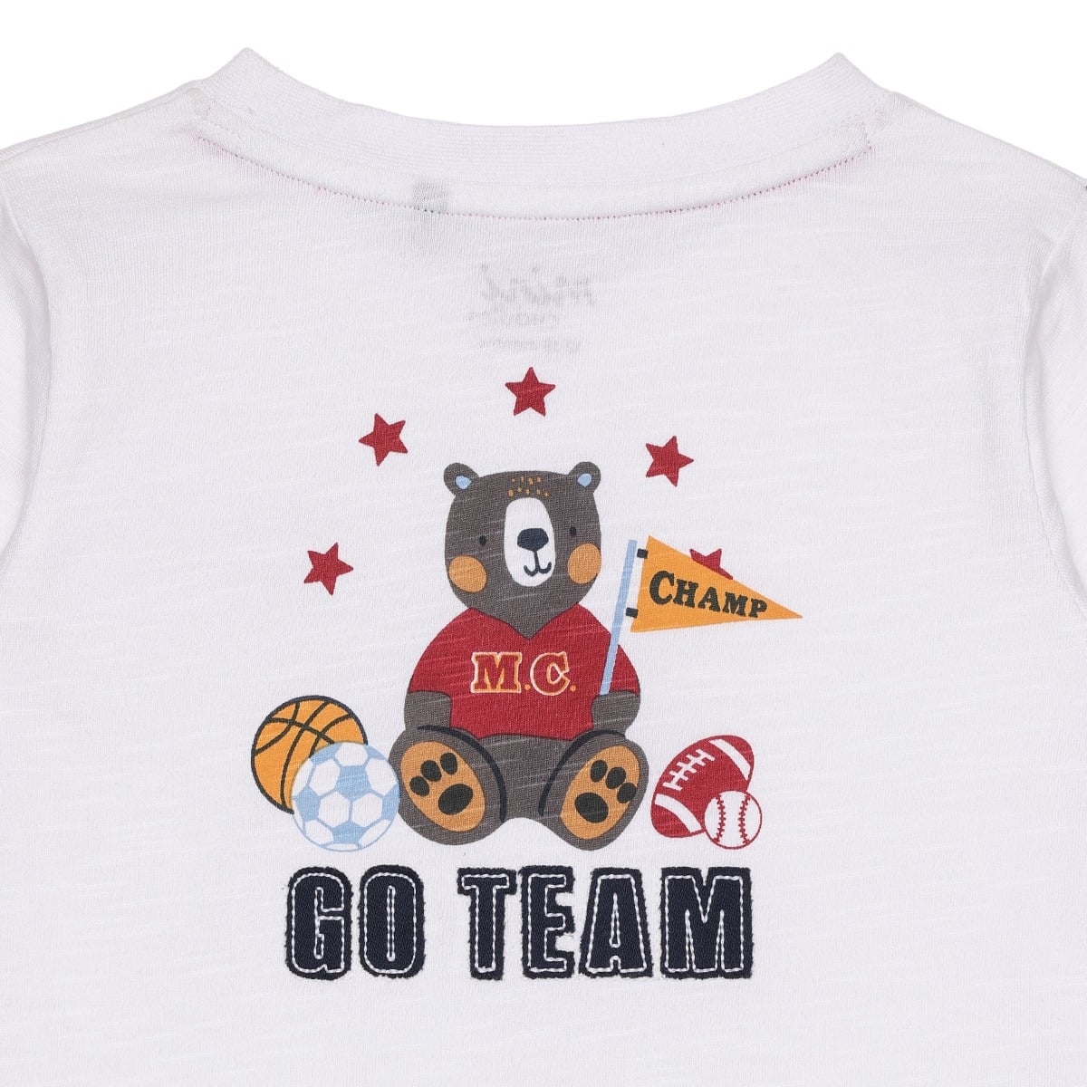 Baby Boys White Cotton Sports Bear Printed Henley T-Shirt  Regular Fit Full Sleeve Casual Wear