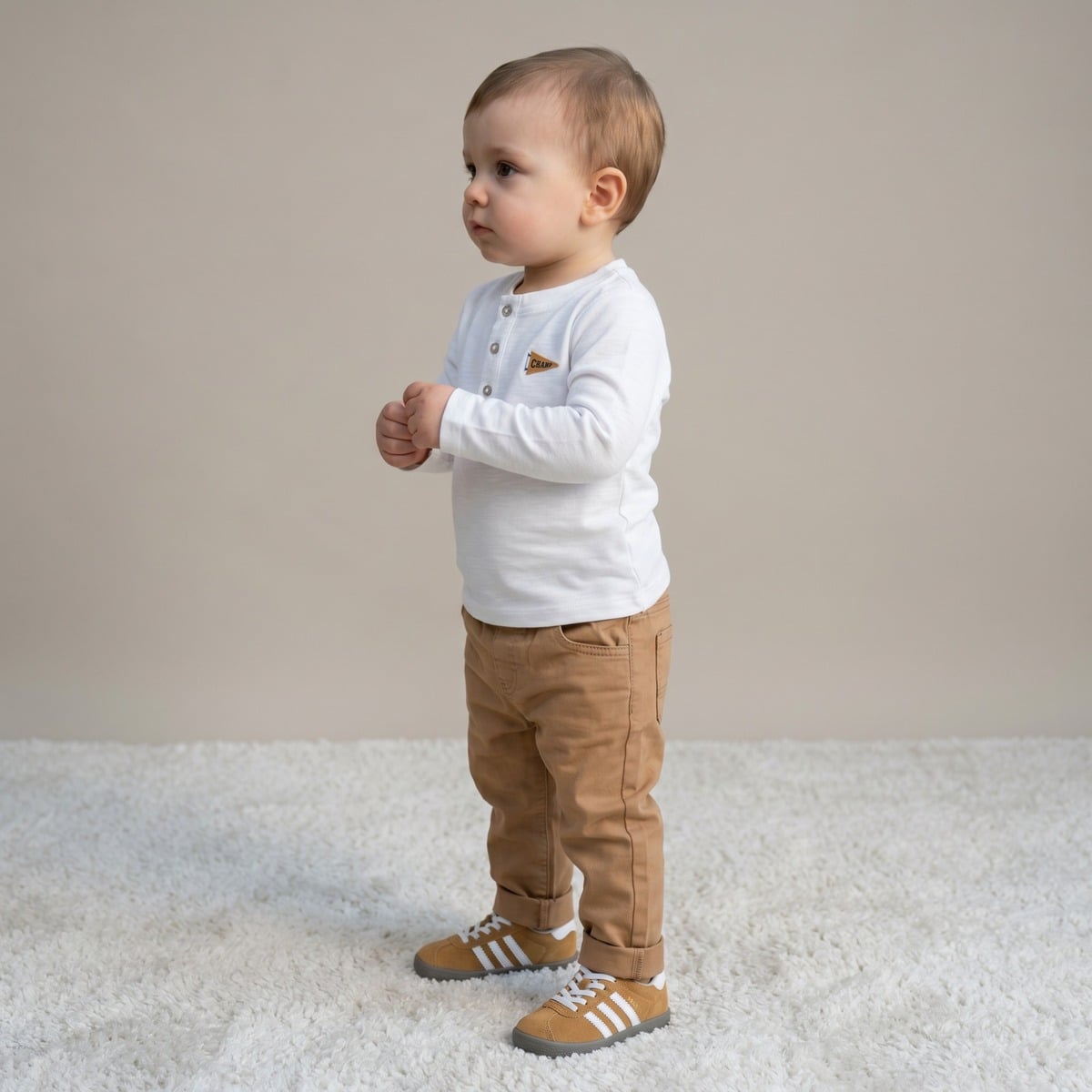 Baby Boys White Cotton Sports Bear Printed Henley T-Shirt  Regular Fit Full Sleeve Casual Wear