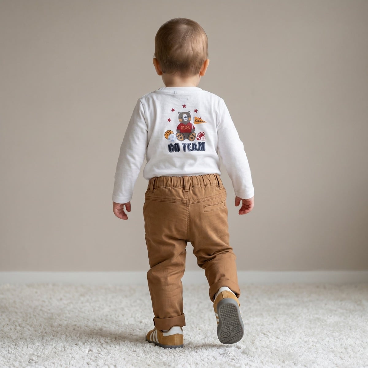 Baby Boys White Cotton Sports Bear Printed Henley T-Shirt  Regular Fit Full Sleeve Casual Wear