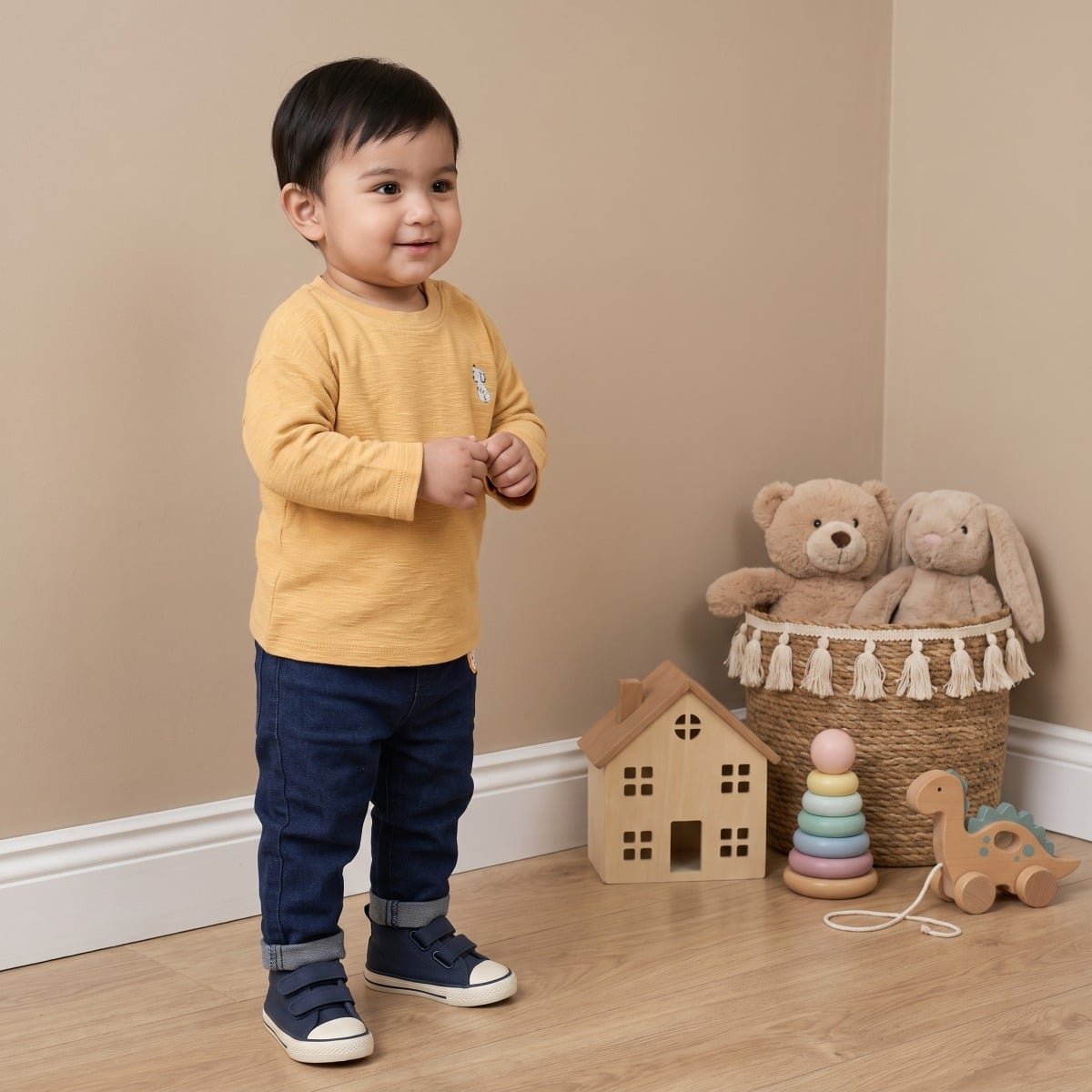 Baby Boys Mustard Yellow Cotton Dog Graphic T-Shirt Regular Fit Casual Wear