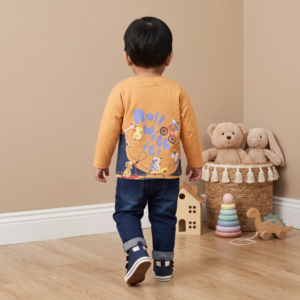 Baby Boys Mustard Yellow Cotton Dog Graphic T-Shirt Regular Fit Casual Wear