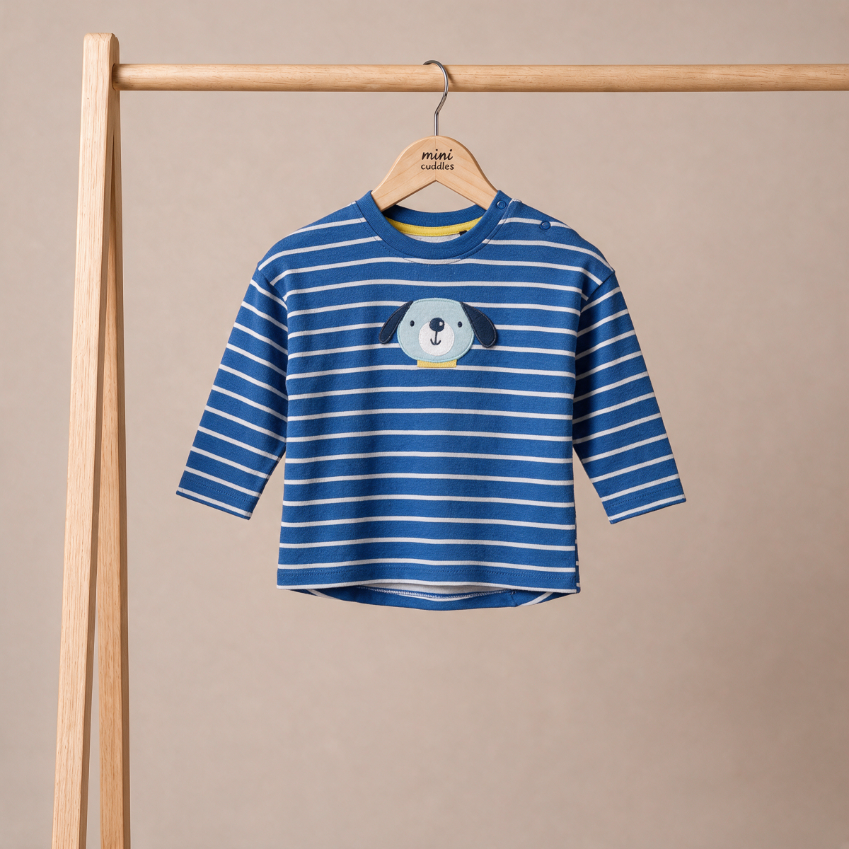 Baby Boys Blue And White Cotton Striped Dog Applique T-Shirt  Regular Fit Full Sleeve Casual Wear
