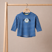Baby Boys Blue And White Cotton Striped Dog Applique T-Shirt  Regular Fit Full Sleeve Casual Wear