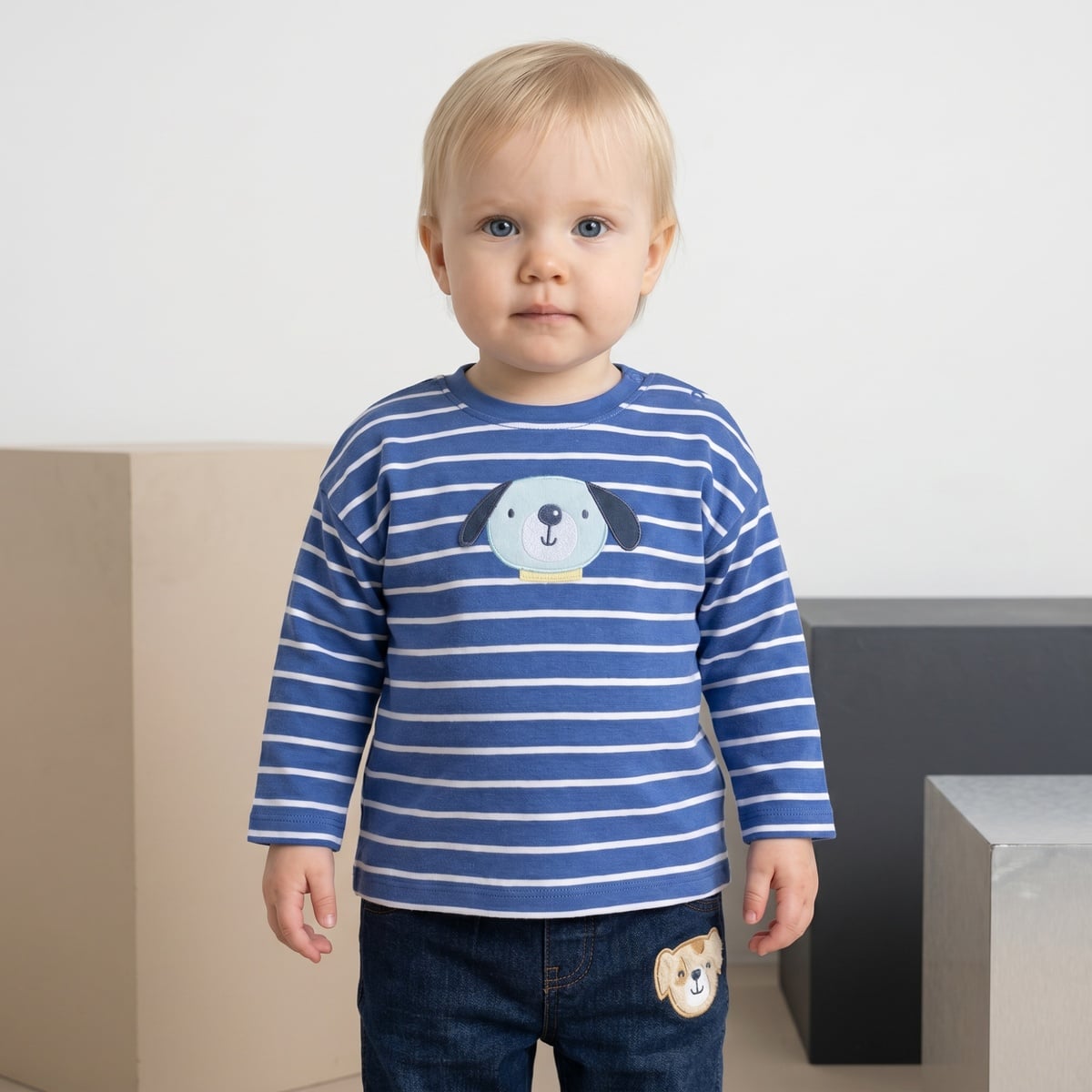 Baby Boys Blue And White Cotton Striped Dog Applique T-Shirt  Regular Fit Full Sleeve Casual Wear