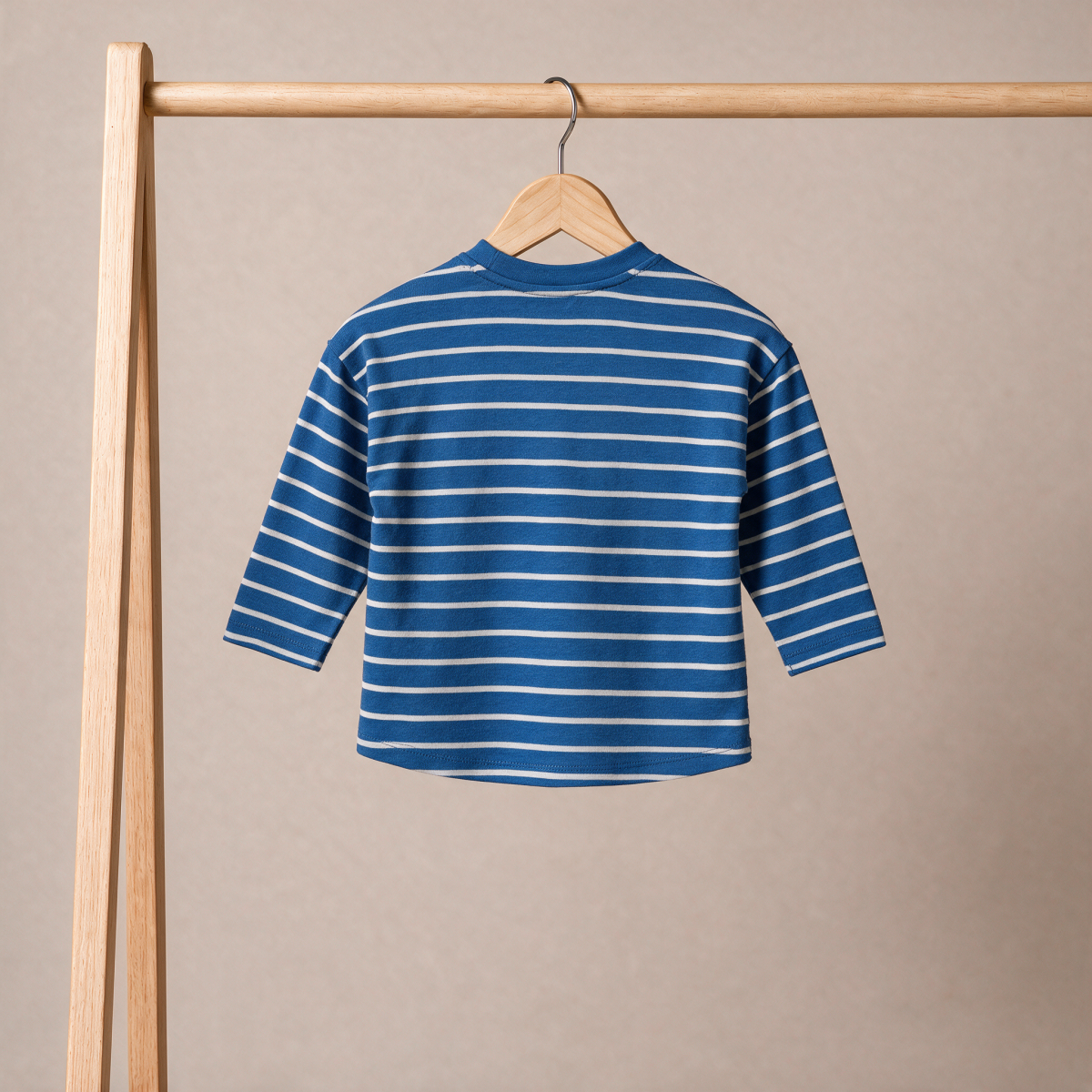 Baby Boys Blue And White Cotton Striped Dog Applique T-Shirt  Regular Fit Full Sleeve Casual Wear