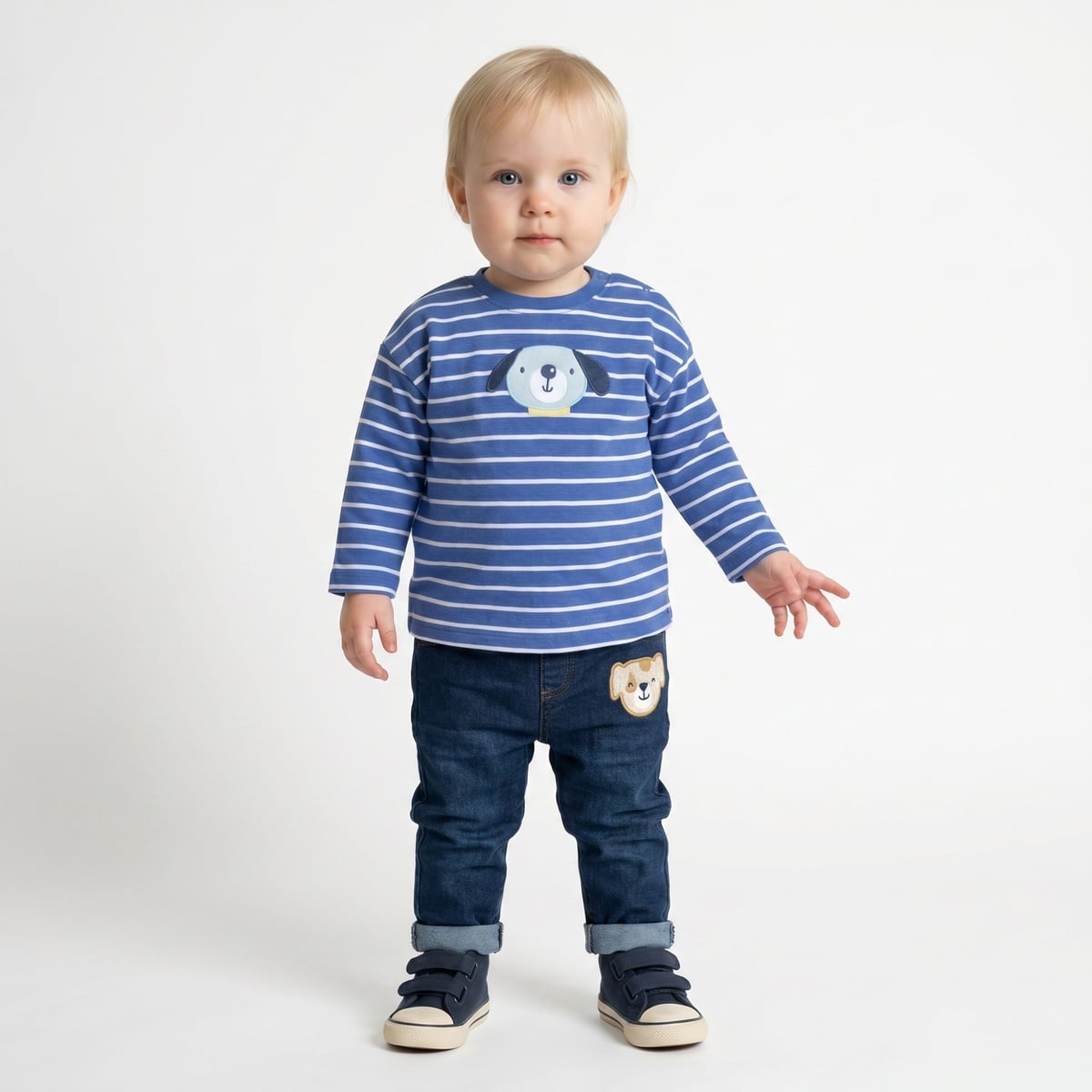 Baby Boys Blue And White Cotton Striped Dog Applique T-Shirt  Regular Fit Full Sleeve Casual Wear