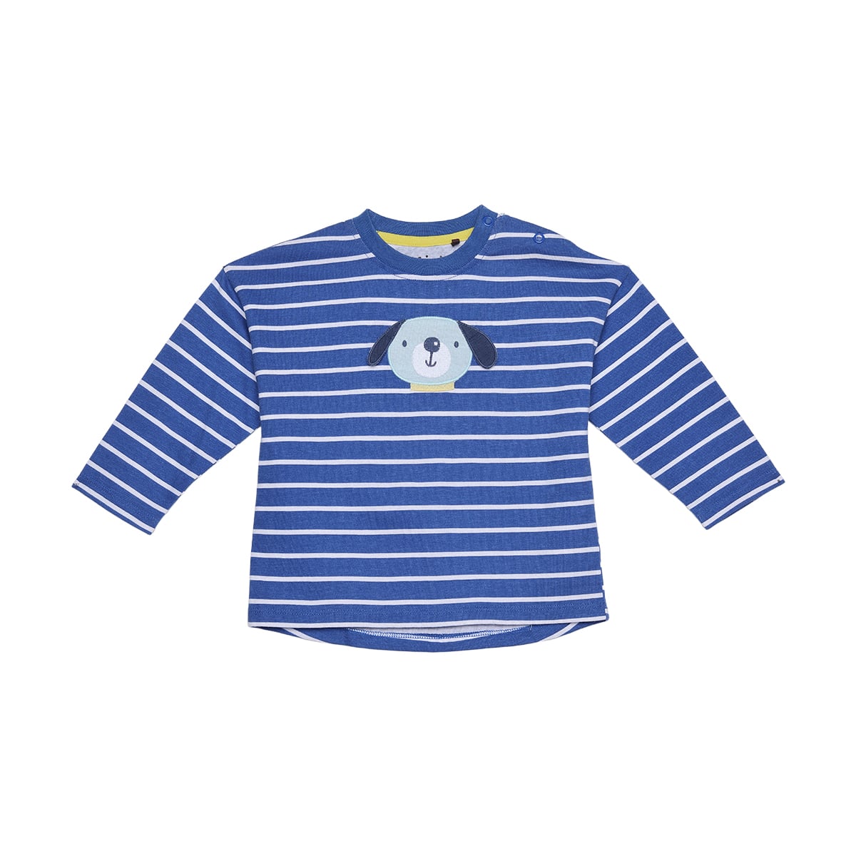 Baby Boys Blue And White Cotton Striped Dog Applique T-Shirt  Regular Fit Full Sleeve Casual Wear