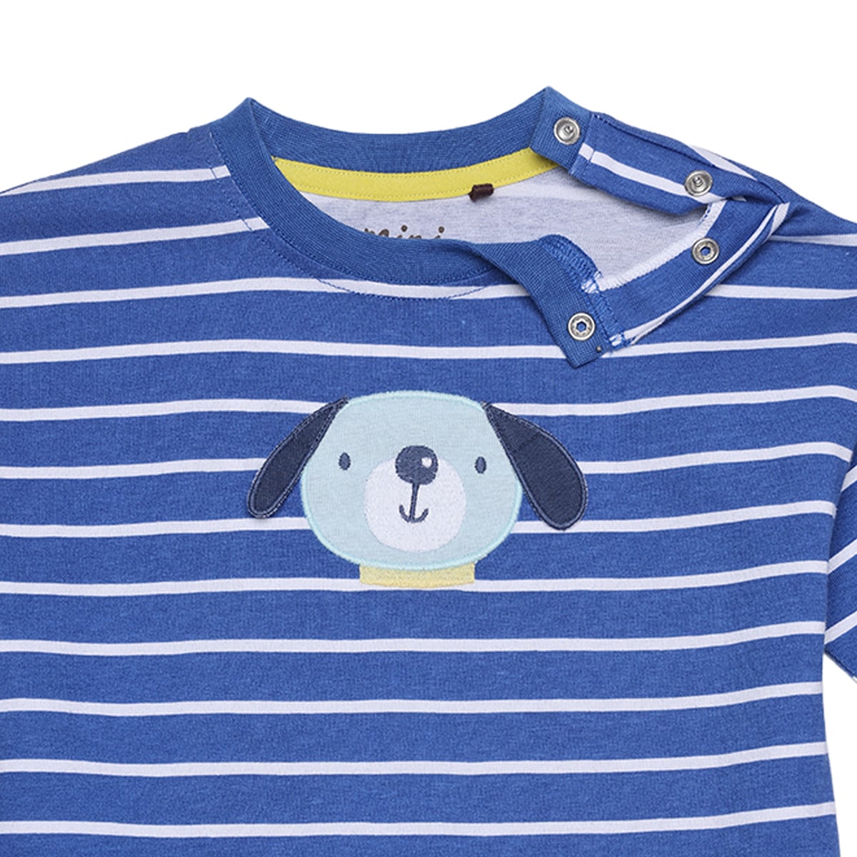 Baby Boys Blue And White Cotton Striped Dog Applique T-Shirt  Regular Fit Full Sleeve Casual Wear