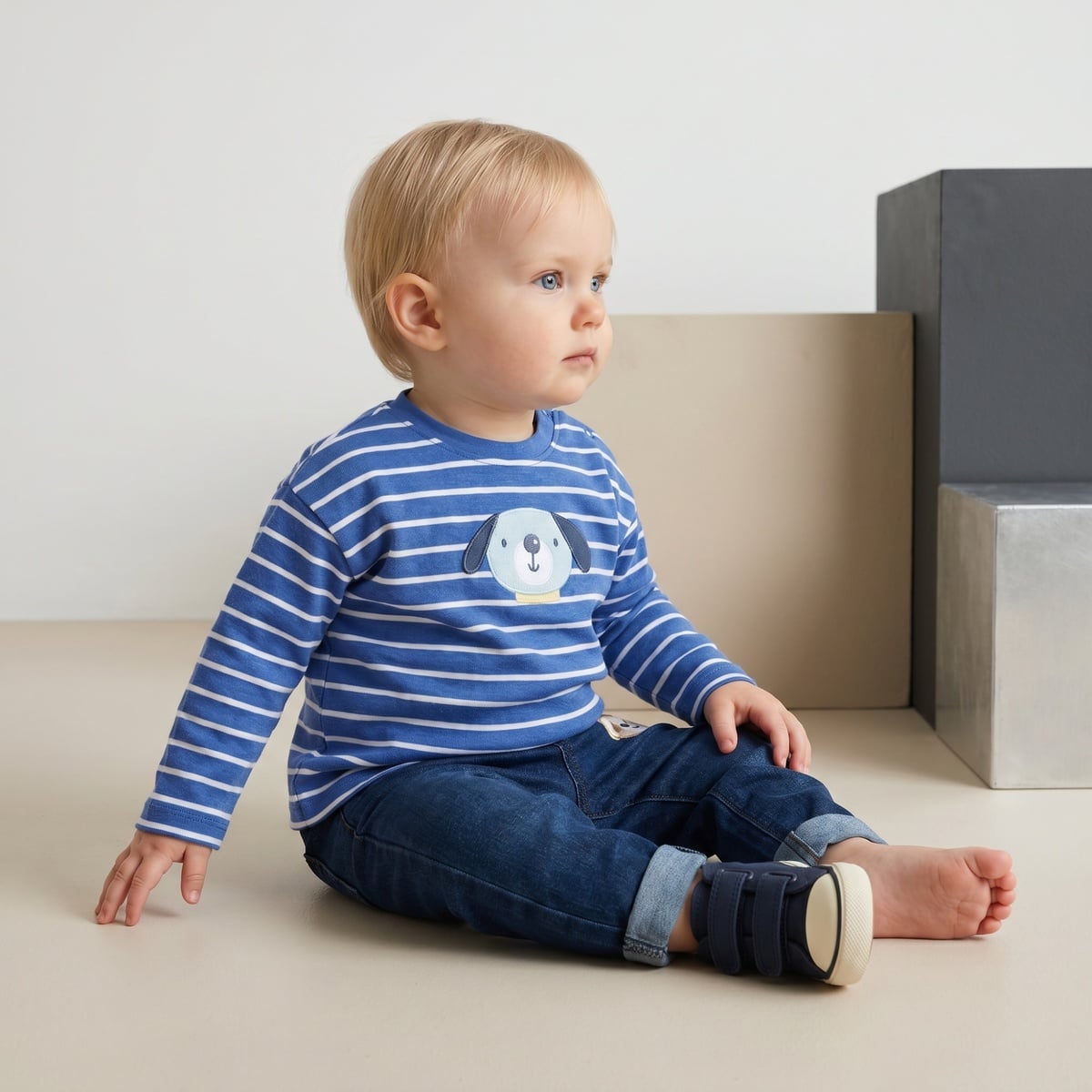 Baby Boys Blue And White Cotton Striped Dog Applique T-Shirt  Regular Fit Full Sleeve Casual Wear
