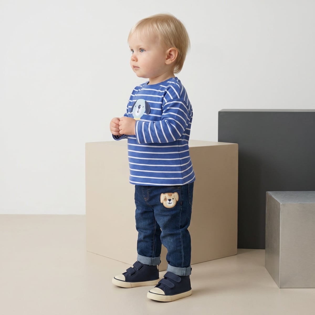 Baby Boys Blue And White Cotton Striped Dog Applique T-Shirt  Regular Fit Full Sleeve Casual Wear