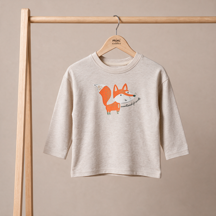 Baby Boys Beige Cotton Fox Printed T-Shirt  Regular Fit Full Sleeve Casual Wear