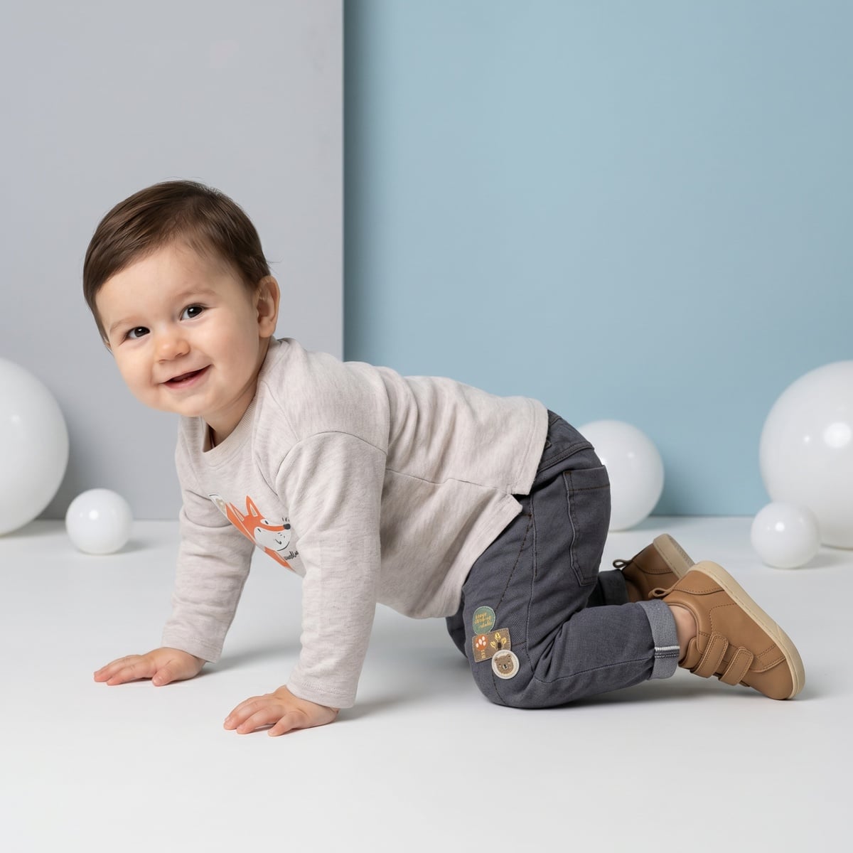 Baby Boys Beige Cotton Fox Printed T-Shirt  Regular Fit Full Sleeve Casual Wear