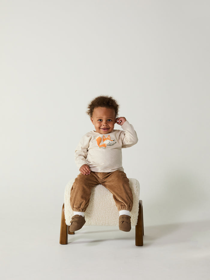 Baby Boys Beige Cotton Fox Printed T-Shirt  Regular Fit Full Sleeve Casual Wear