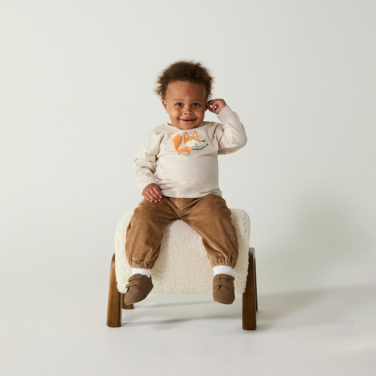 Baby Boys Beige Cotton Fox Printed T-Shirt  Regular Fit Full Sleeve Casual Wear