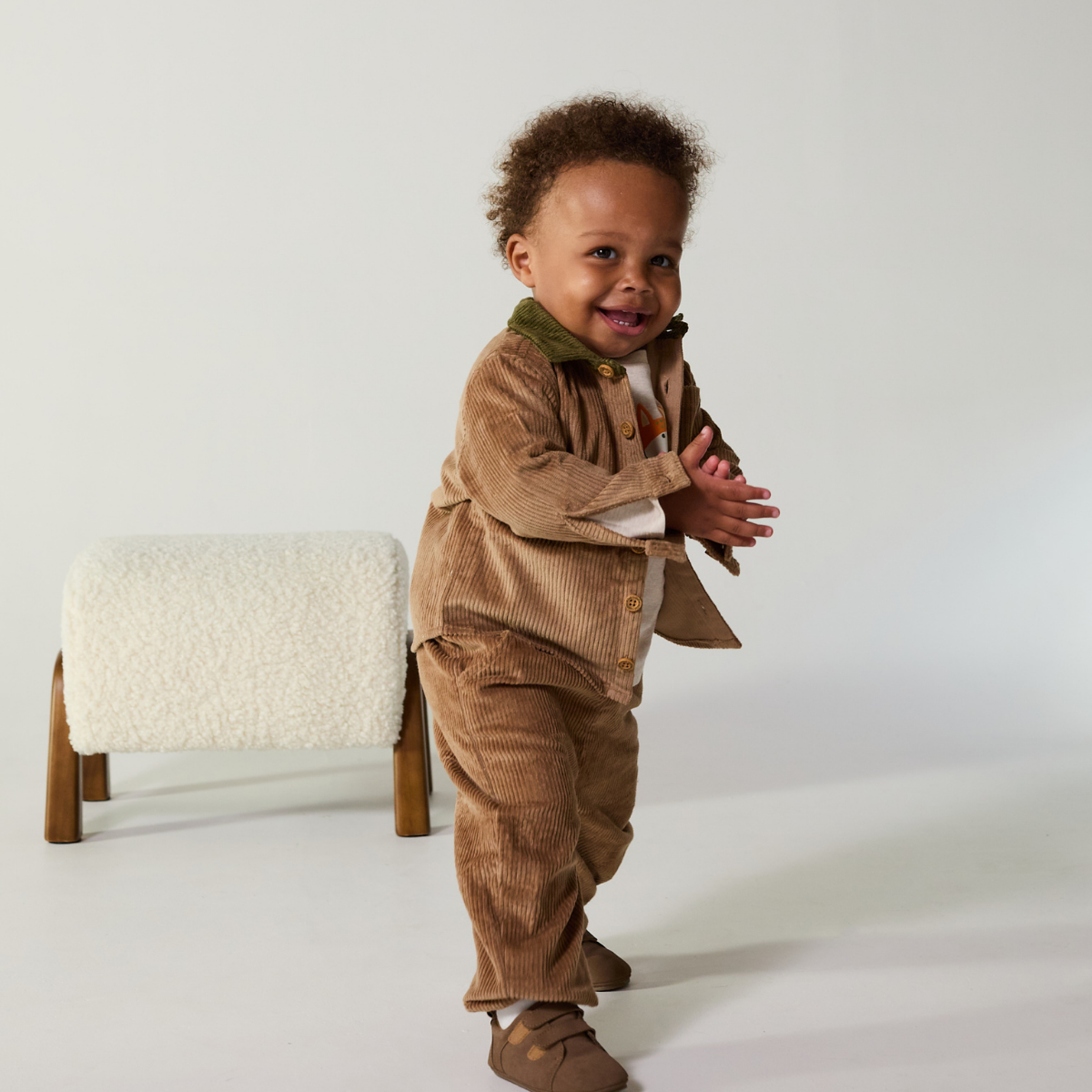 Baby Boys Brown Cotton Corduroy Shirt Contrast Collar Regular Fit