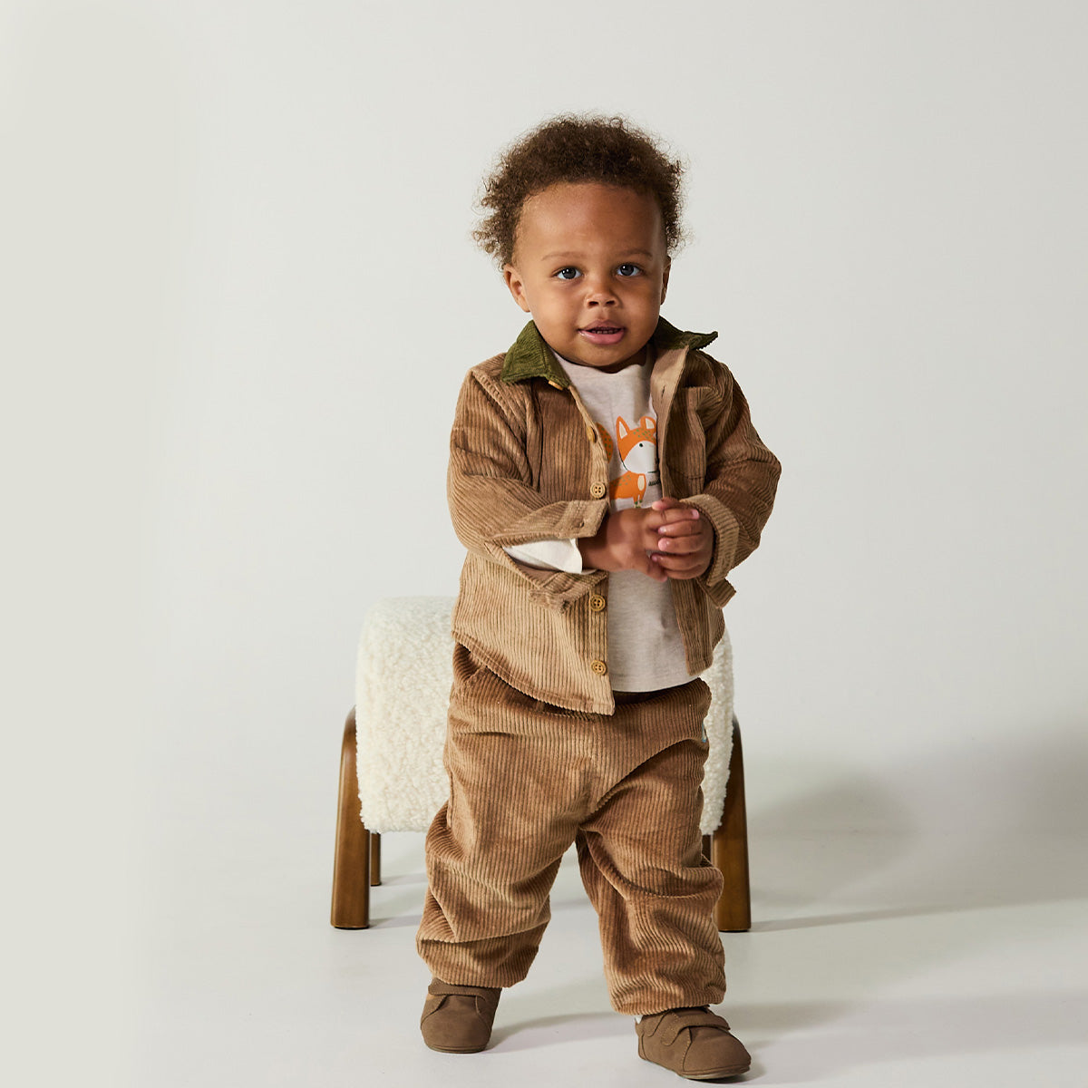 Baby Boys Brown Cotton Corduroy Shirt Contrast Collar Regular Fit Casual Wear