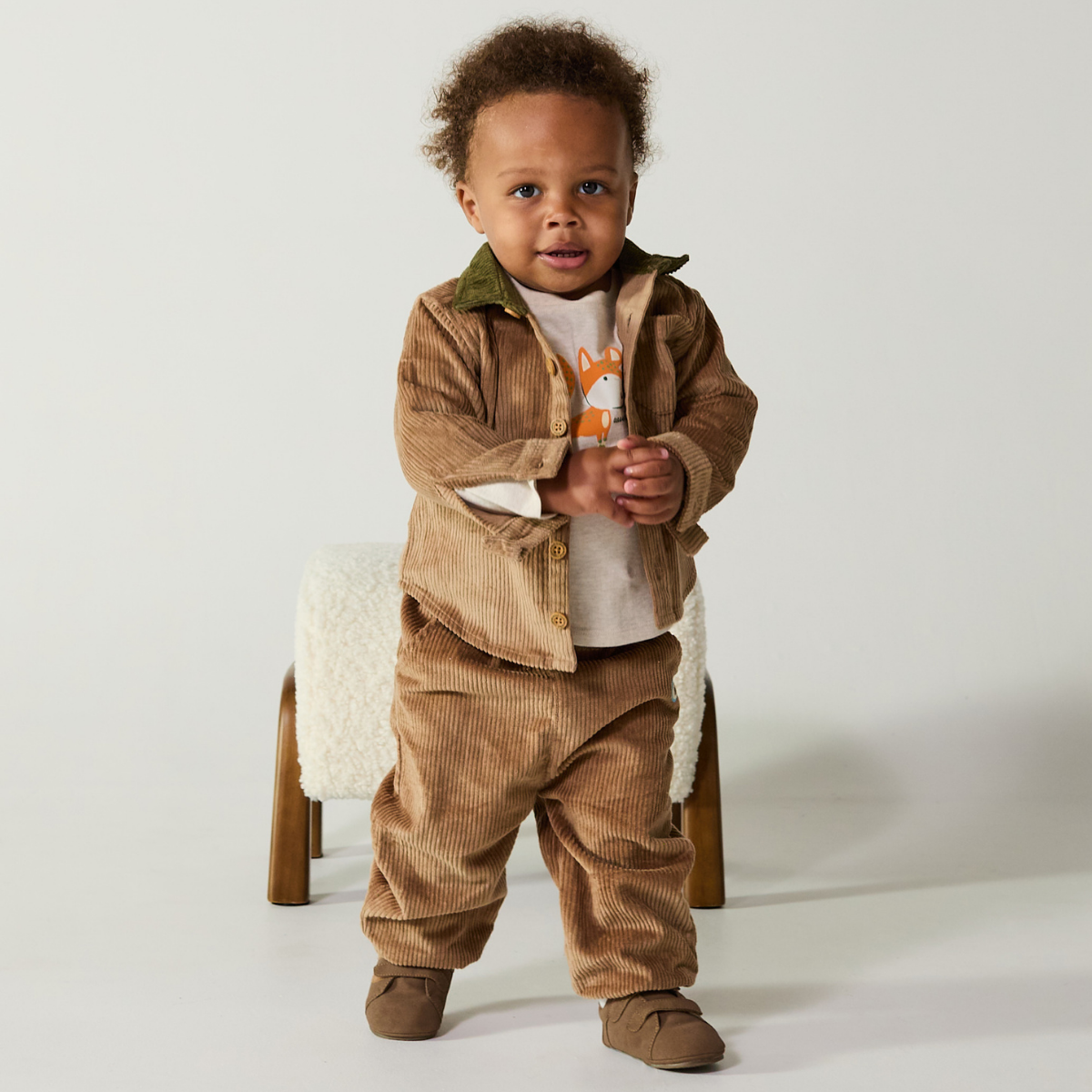 Baby Boys Brown Cotton Corduroy Shirt Contrast Collar Regular Fit
