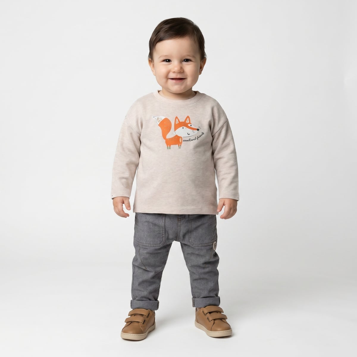 Baby Boys Beige Cotton Fox Printed T-Shirt  Regular Fit Full Sleeve Casual Wear