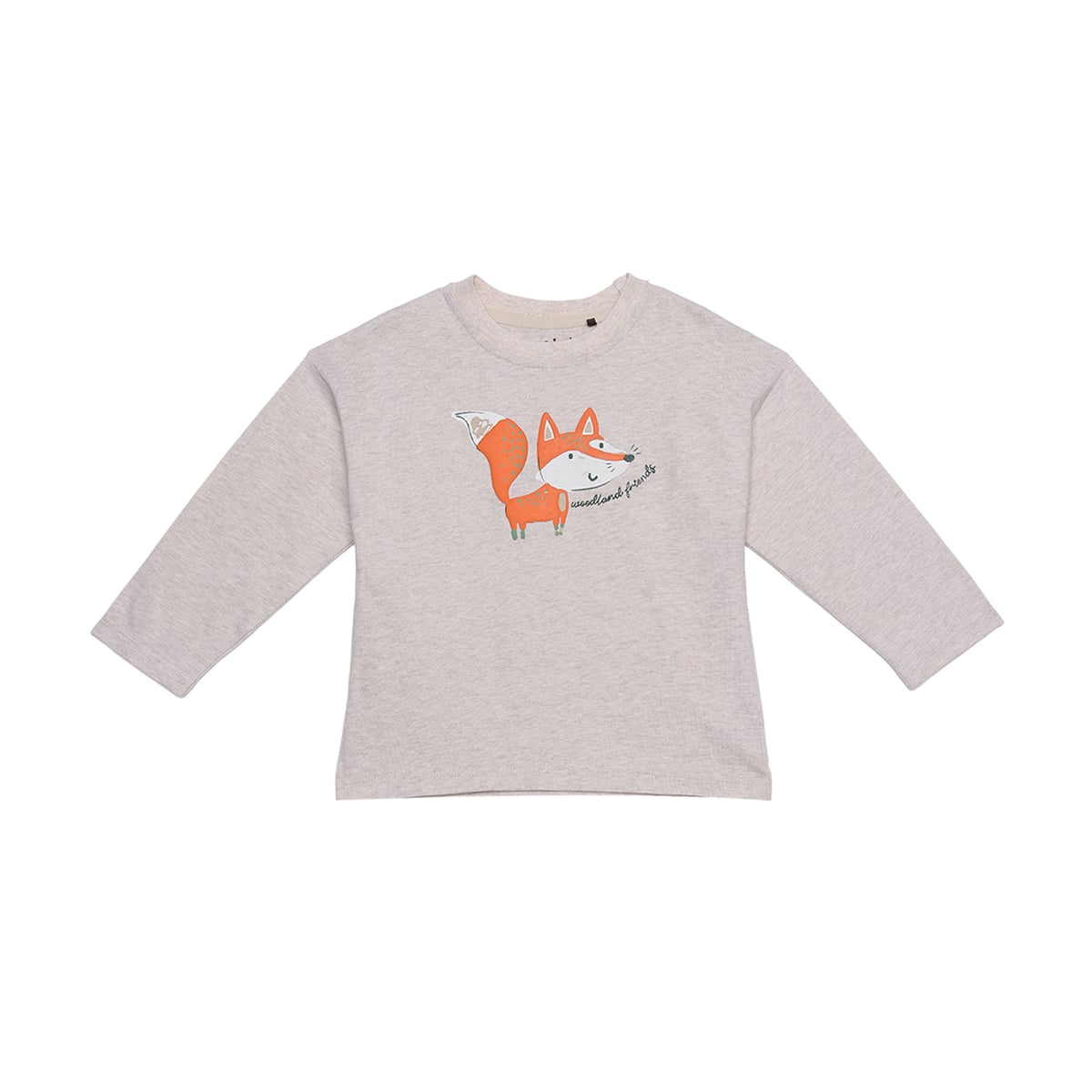 Baby Boys Beige Cotton Fox Printed T-Shirt  Regular Fit Full Sleeve Casual Wear