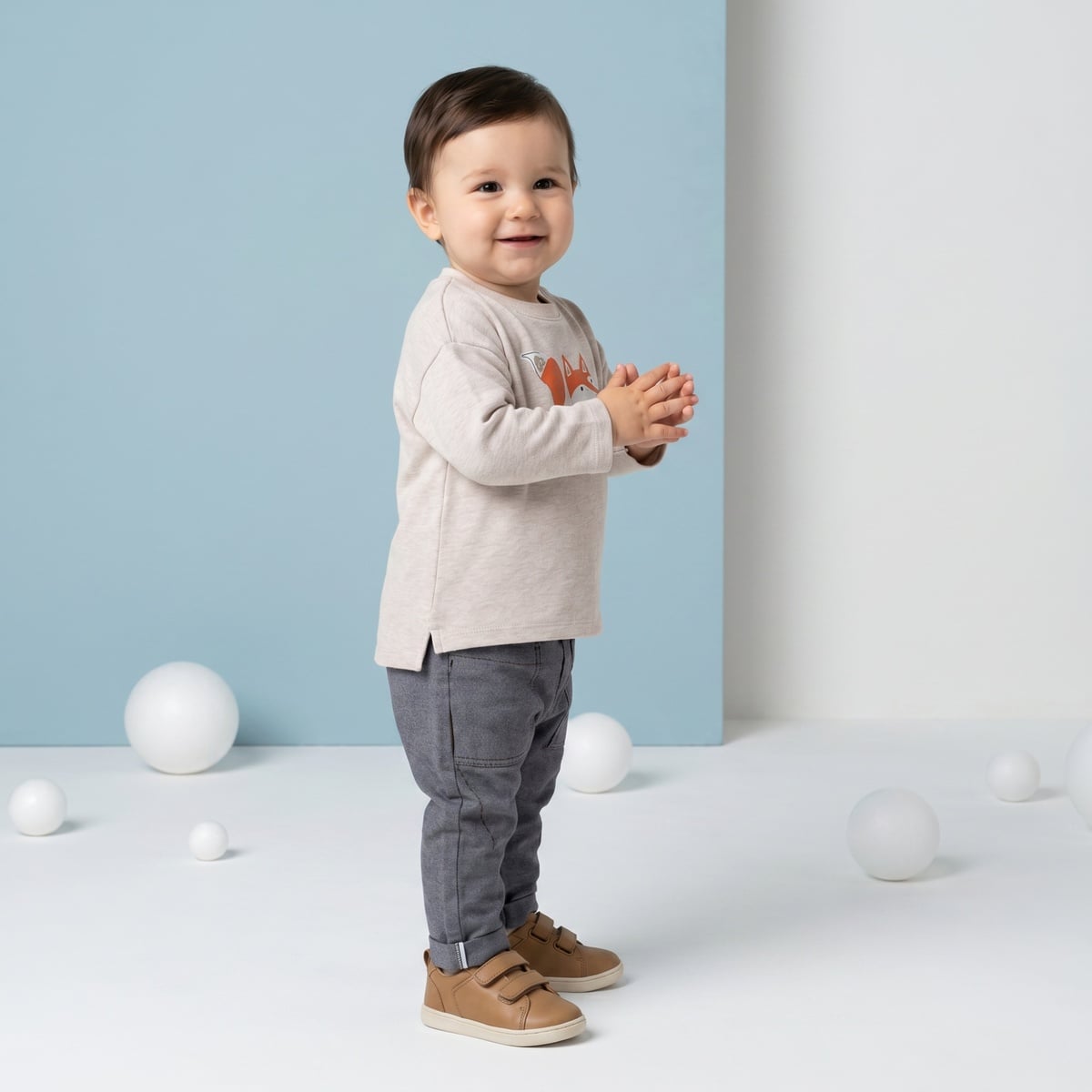 Baby Boys Beige Cotton Fox Printed T-Shirt  Regular Fit Full Sleeve Casual Wear