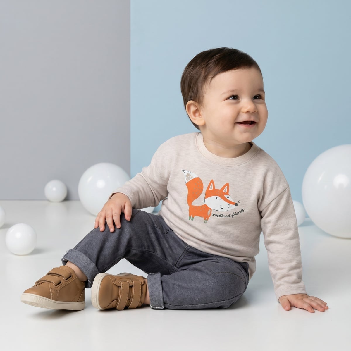 Baby Boys Beige Cotton Fox Printed T-Shirt  Regular Fit Full Sleeve Casual Wear