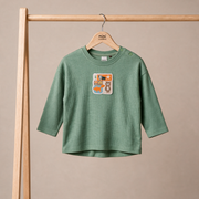 Baby Boys Sage Green Cotton Textured Woodland Animal Applique T-Shirt Regular Fit Full Sleeve Casual Wear