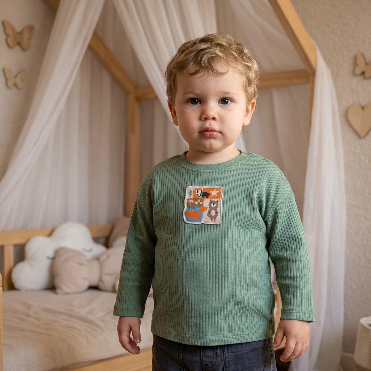 Baby Boys Sage Green Cotton Textured Woodland Animal Applique T-Shirt Regular Fit Full Sleeve Casual Wear