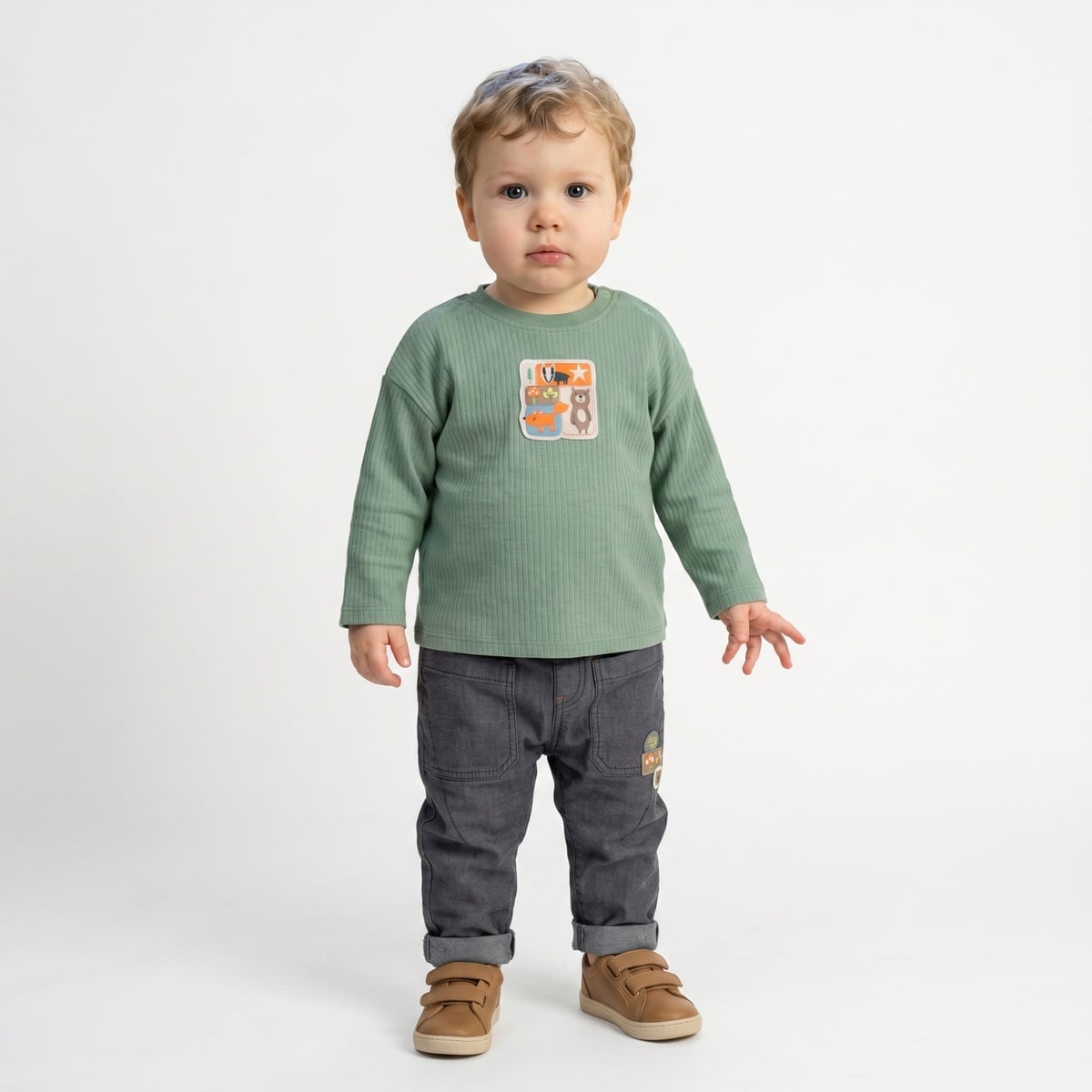 Baby Boys Sage Green Cotton Textured Woodland Animal Applique T-Shirt Regular Fit Full Sleeve Casual Wear