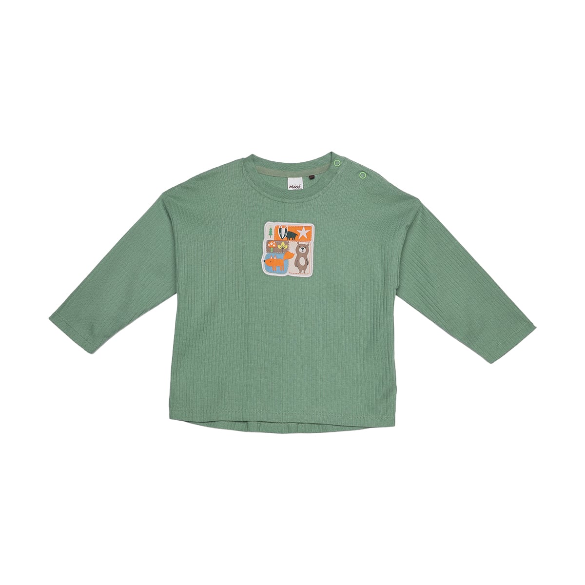 Baby Boys Sage Green Cotton Textured Woodland Animal Applique T-Shirt Regular Fit Full Sleeve Casual Wear
