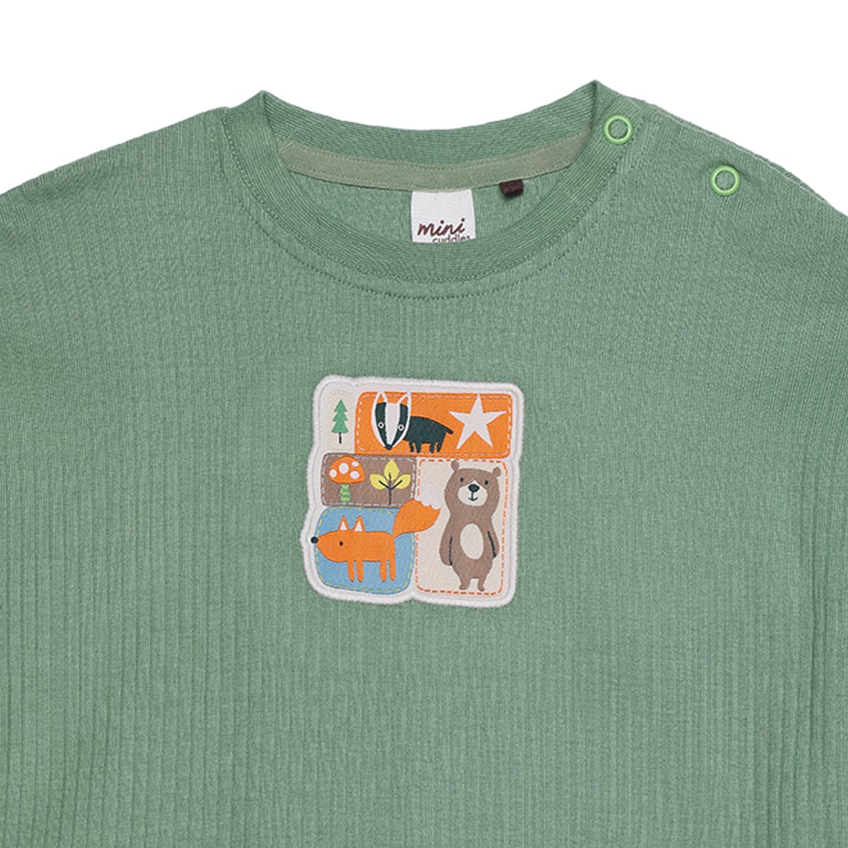 Baby Boys Sage Green Cotton Textured Woodland Animal Applique T-Shirt Regular Fit Full Sleeve Casual Wear