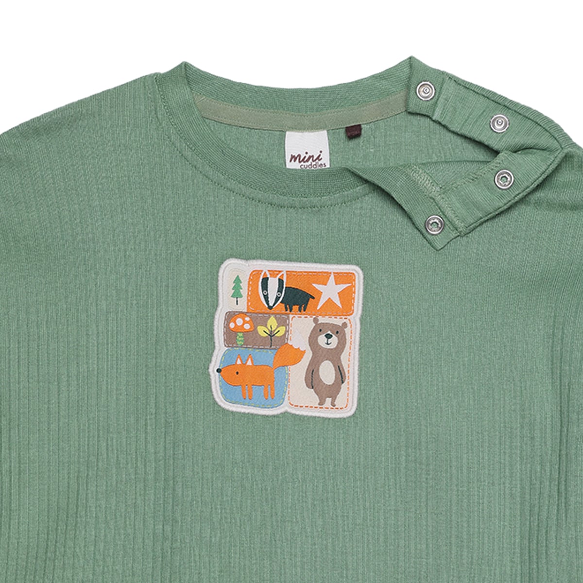 Baby Boys Sage Green Cotton Textured Woodland Animal Applique T-Shirt Regular Fit Full Sleeve Casual Wear