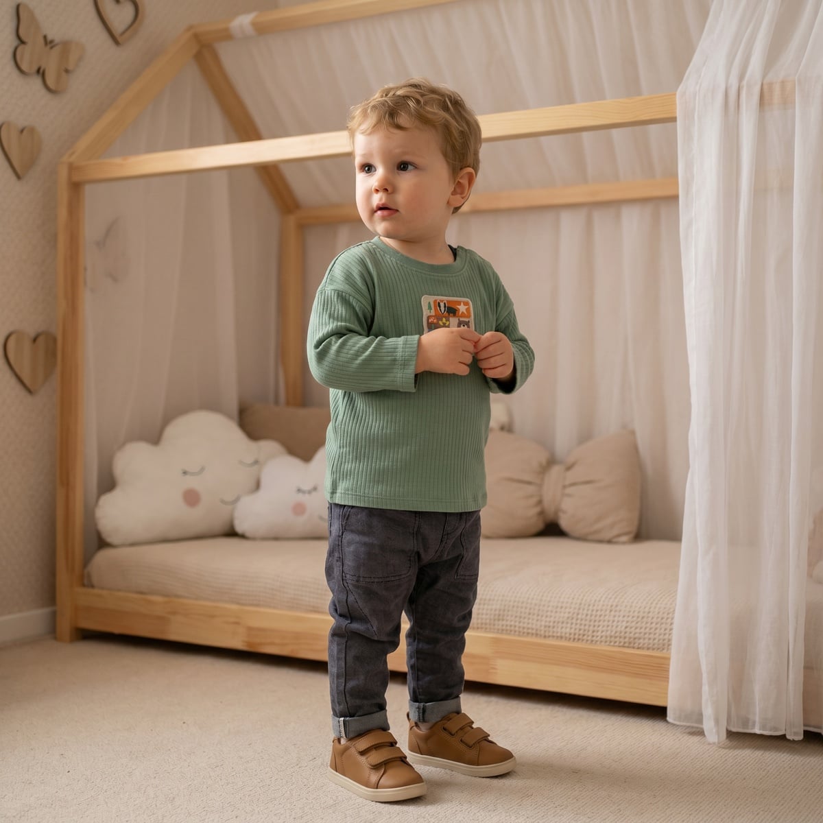 Baby Boys Sage Green Cotton Textured Woodland Animal Applique T-Shirt Regular Fit Full Sleeve Casual Wear
