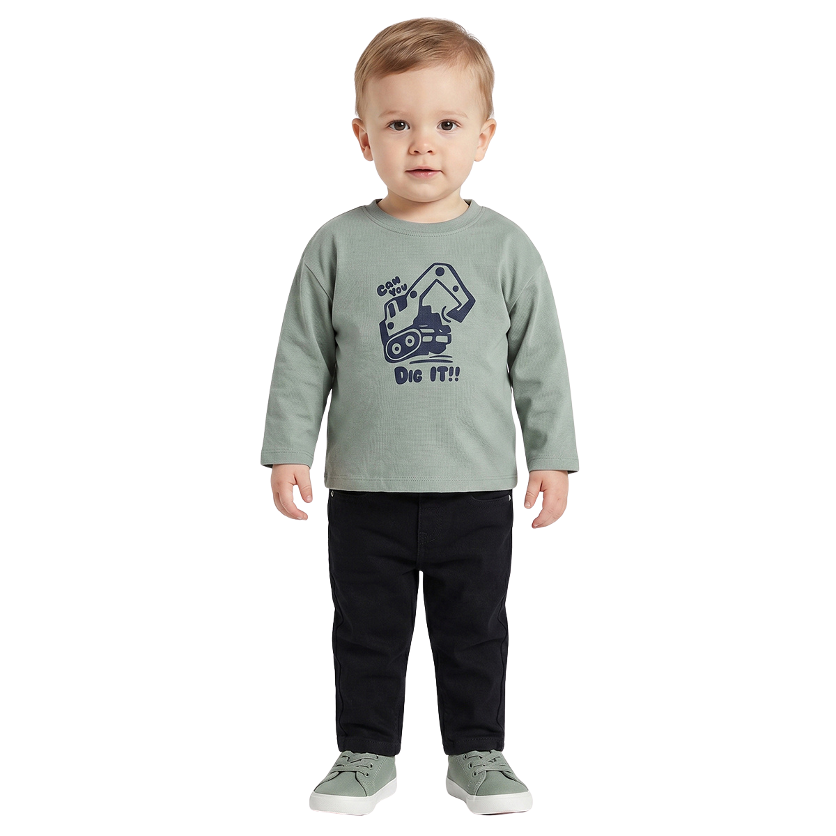 Baby Boys Sage Green Cotton T Shirt with Excavator Graphic Print