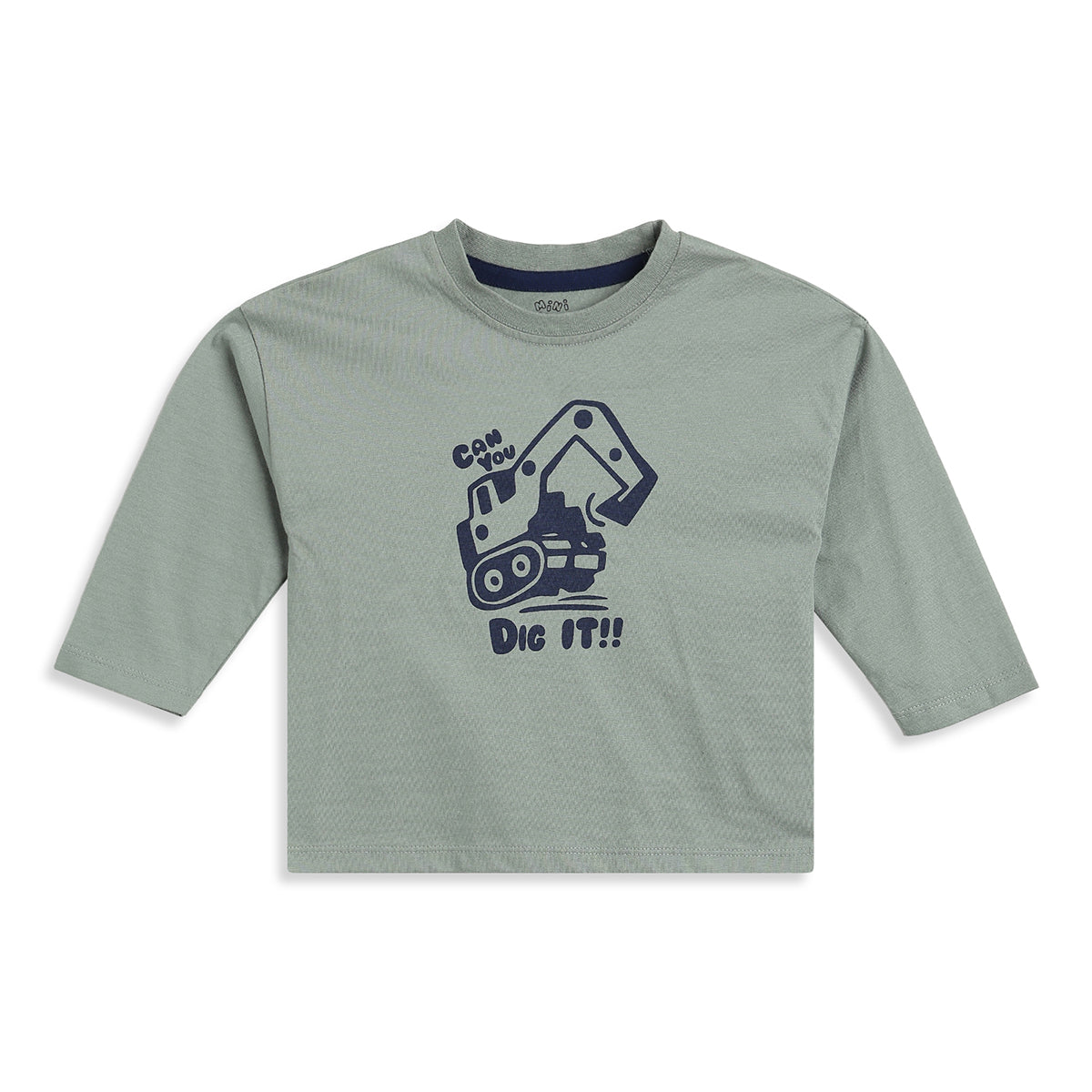 Baby Boys Sage Green Cotton T-Shirt with Excavator Graphic Print Casual Wear