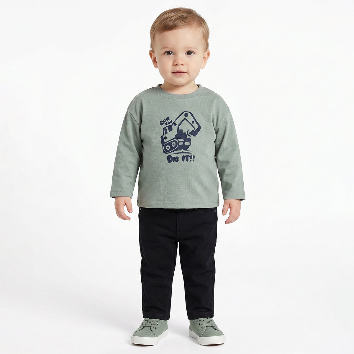 Baby Boys Sage Green Cotton T-Shirt with Excavator Graphic Print Casual Wear