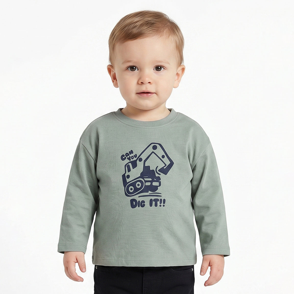Baby Boys Sage Green Cotton T-Shirt with Excavator Graphic Print Casual Wear