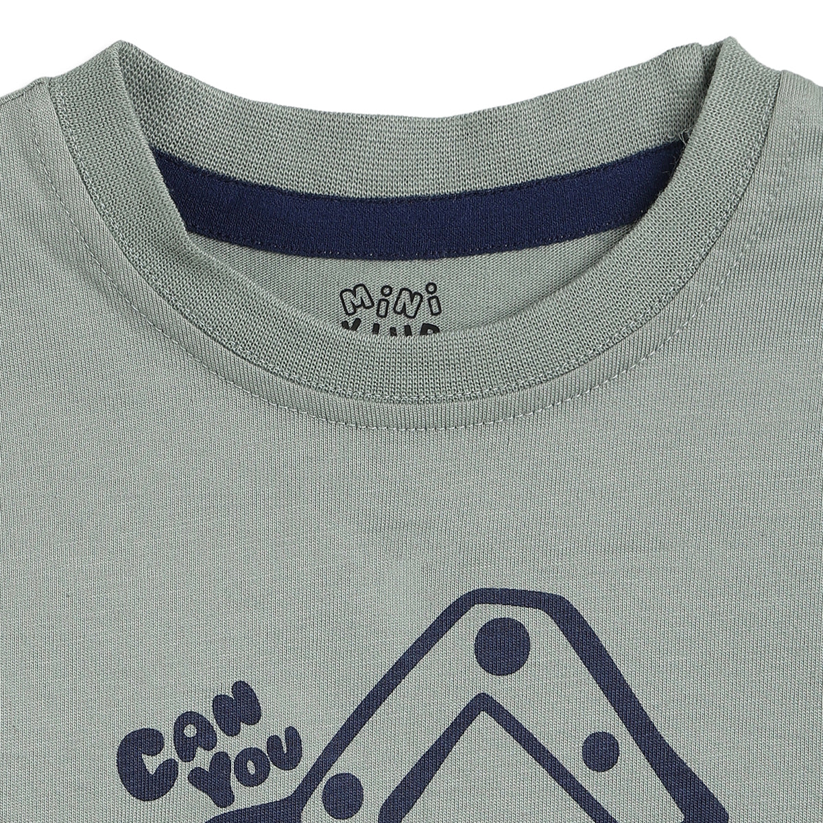 Baby Boys Sage Green Cotton T-Shirt with Excavator Graphic Print Casual Wear